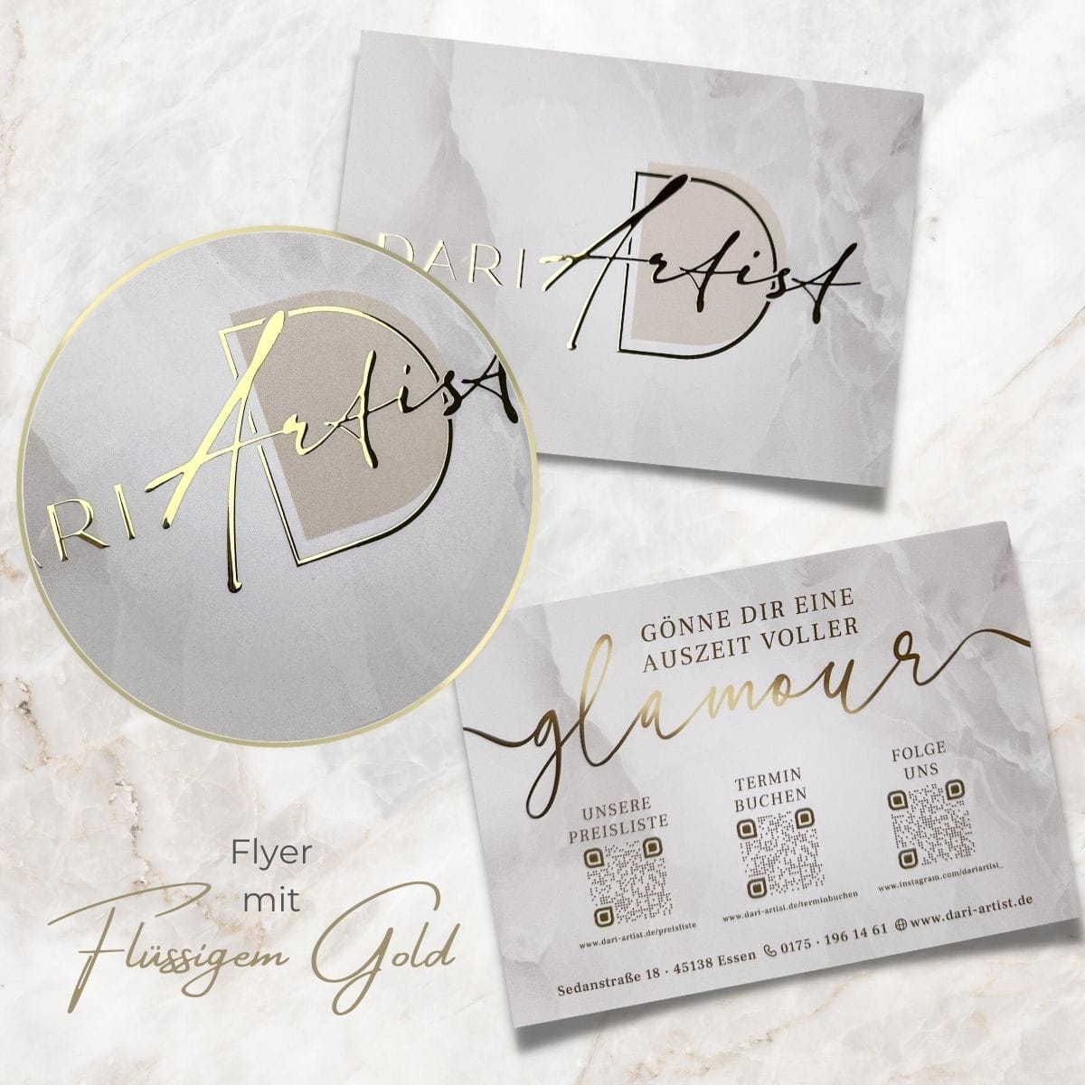 Exklusiver Flyer mit flüssigem Gold oder flüssigem Silber / Lack-Veredelung