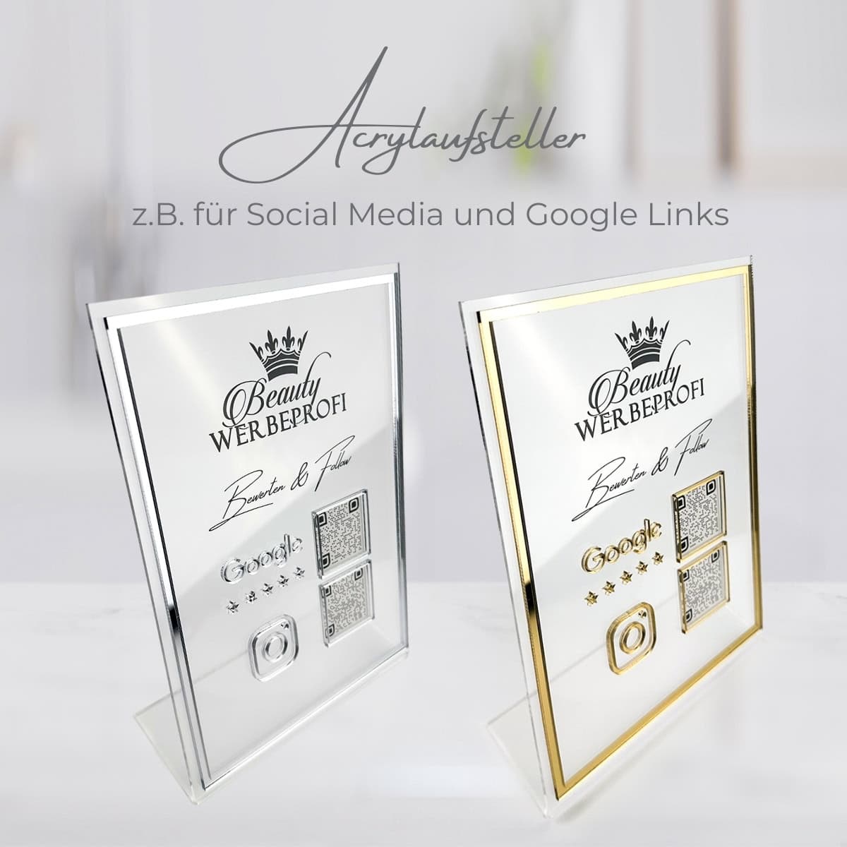 Social Media / Bewerten & Follow & Chat / Aufsteller - Google, Whatsapp, Instagram